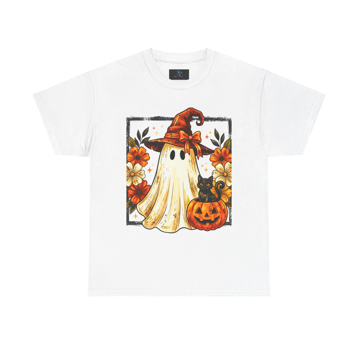 Cute Halloween Ghost T-Shirt — Ghost in Witch Hat with Pumpkin & Black Cat