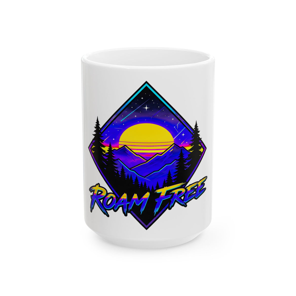 Roam Free Mountain Sunset Ceramic Mug — Adventure Travel Coffee Cup (11oz/15oz)