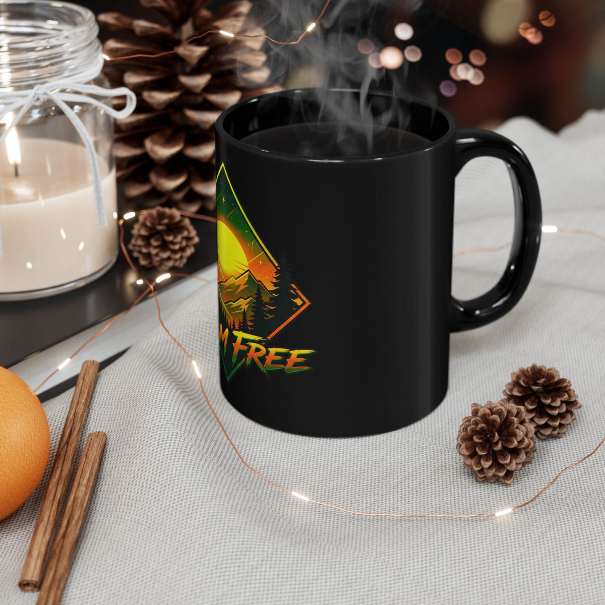 Roam Free Mountain Sunrise Black Mug — Adventure Camper Coffee Cup