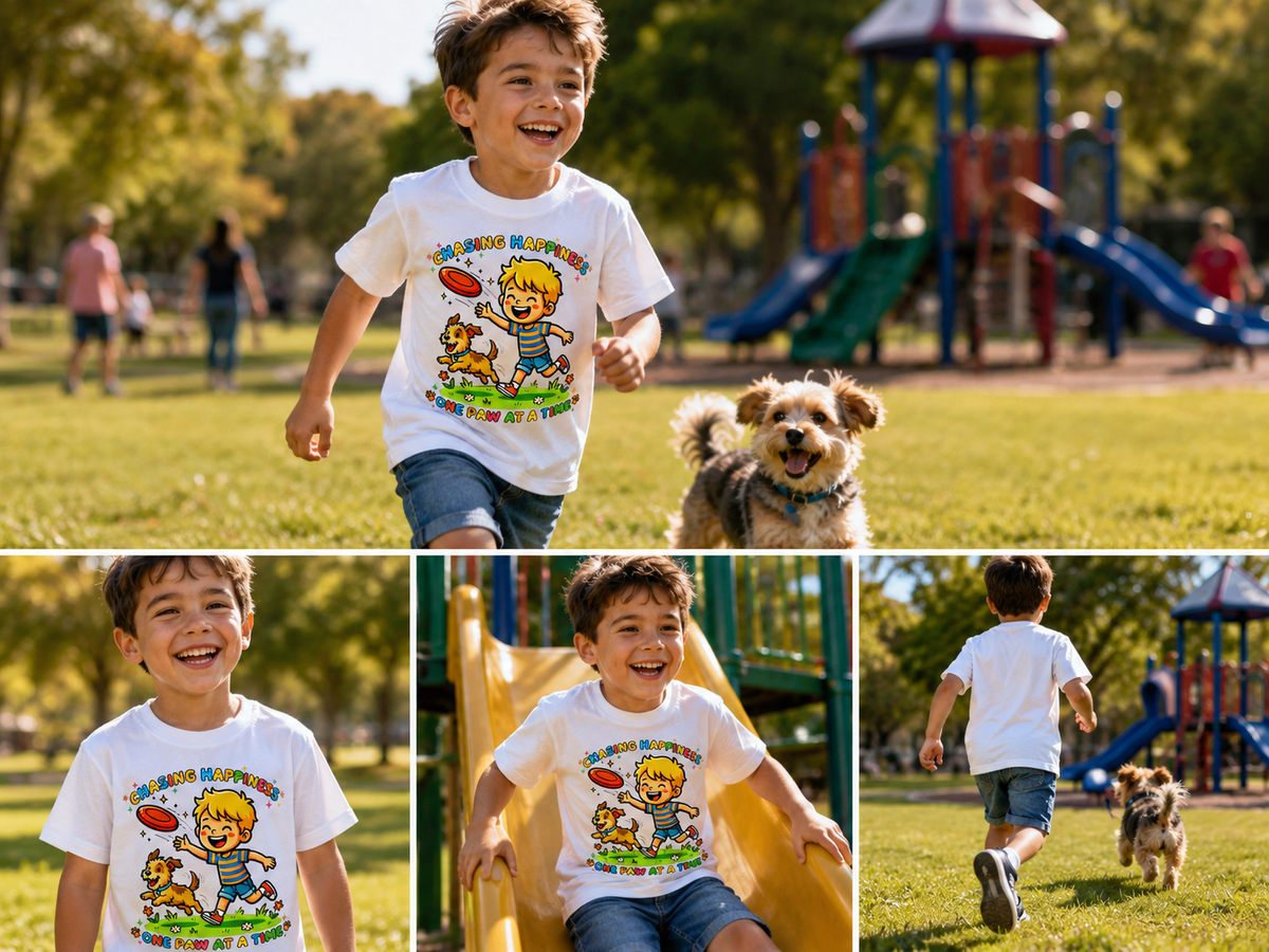 Toddler T-Shirt — "Chasing Happiness One Paw at a Time" Cute Dog & Boy Playtop