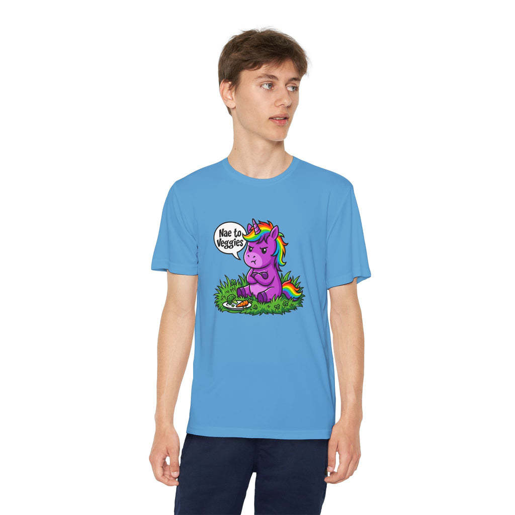 Youth T-Shirt — Purple Unicorn Saying "Nae to Veggies" Cute Kids Graphic Tee