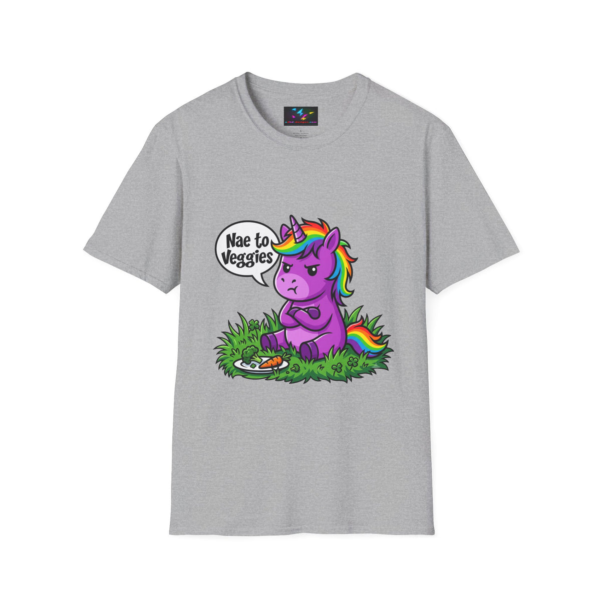 Unicorn T-Shirt — "Nae to Veggies" Funny Rainbow Unicorn Tee
