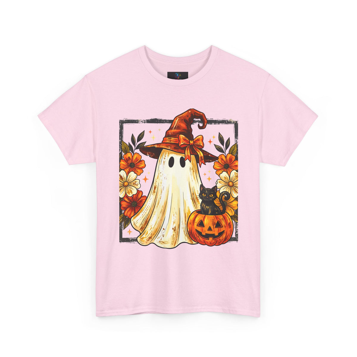 Cute Halloween Ghost T-Shirt — Ghost in Witch Hat with Pumpkin & Black Cat