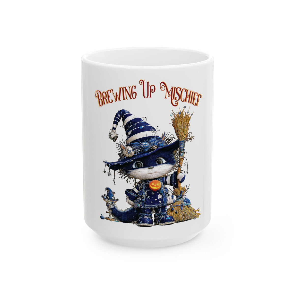 Brewing Up Mischief Ceramic Mug — Cute Witch Cat Halloween Coffee Cup (11oz & 15oz)