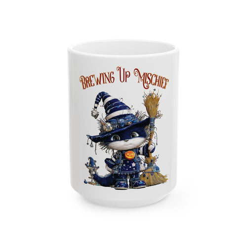 Brewing Up Mischief Ceramic Mug — Cute Witch Cat Halloween Coffee Cup (11oz & 15oz)