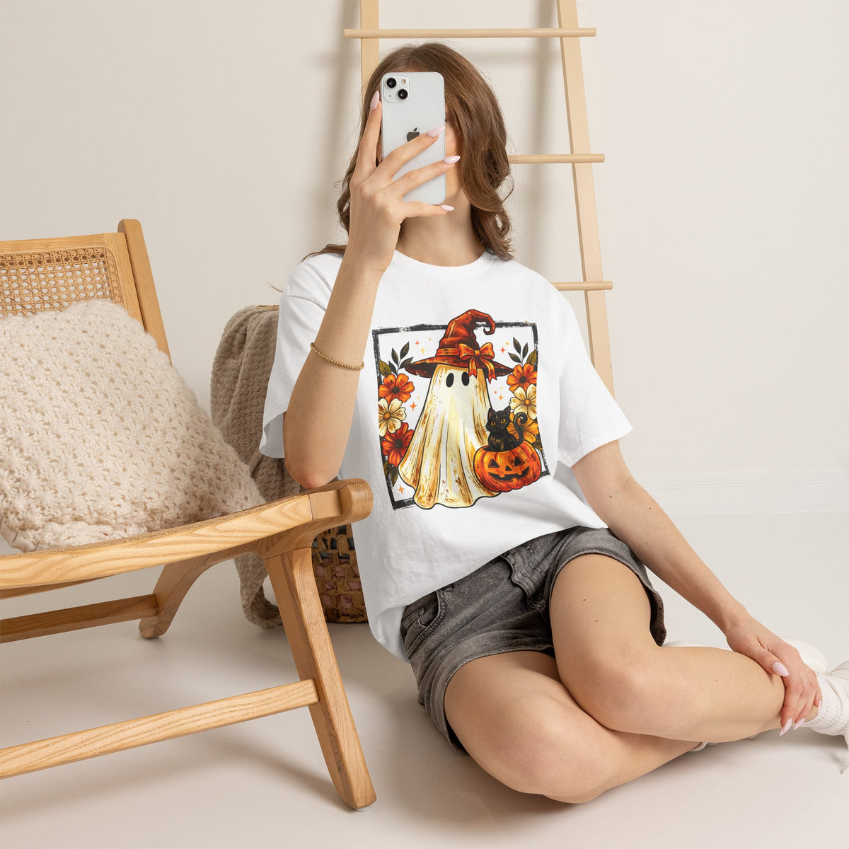 Cute Halloween Ghost T-Shirt — Ghost in Witch Hat with Pumpkin & Black Cat