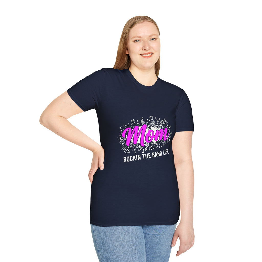Mom Rock Band T-Shirt — 'Mom' Pink Script with Musical Notes (Rockin' the Band Life)