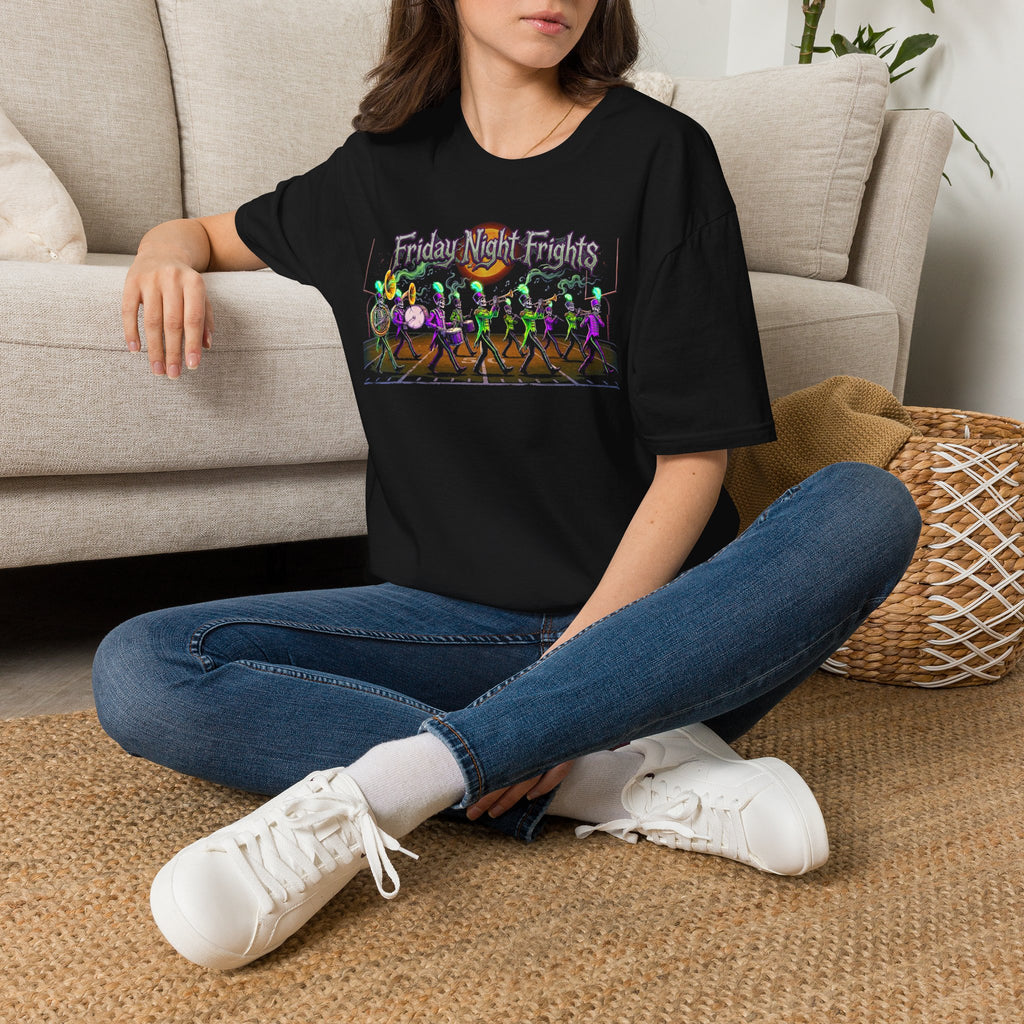 Friday Night Frights Halloween T-Shirt — Neon Skeleton Parade Tee