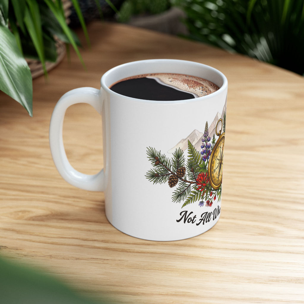 Adventure Compass Ceramic Mug — "Not All Who Wander Are Lost" Coffee Cup