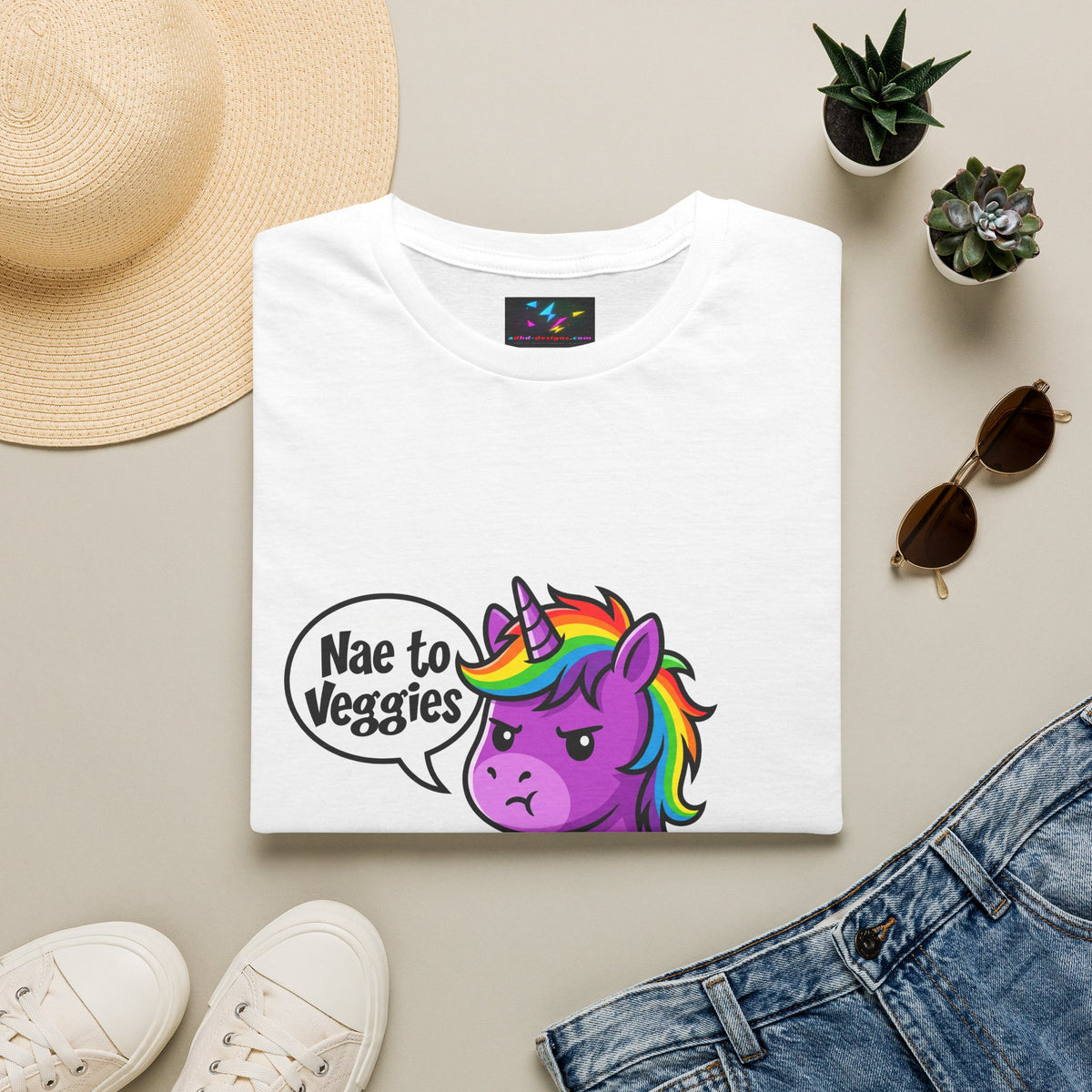 Unicorn T-Shirt — "Nae to Veggies" Funny Rainbow Unicorn Tee
