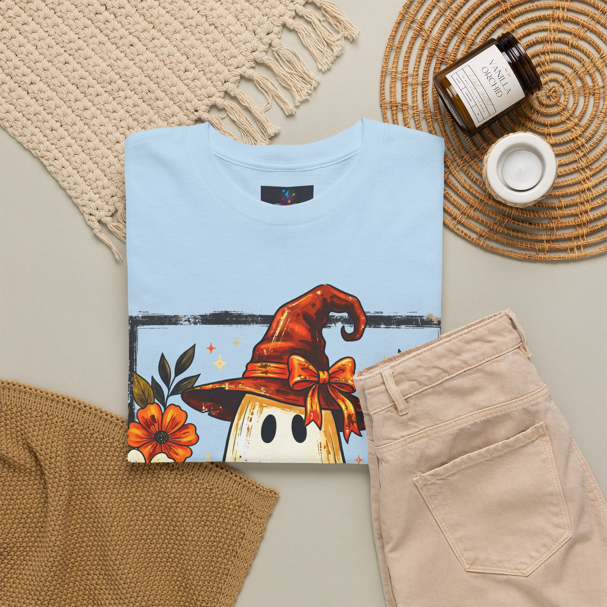 Cute Halloween Ghost T-Shirt — Ghost in Witch Hat with Pumpkin & Black Cat