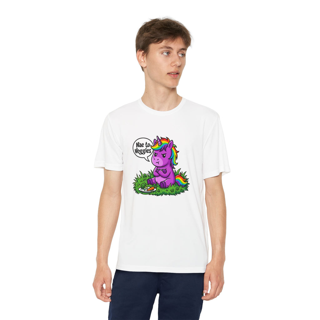 Youth T-Shirt — Purple Unicorn Saying "Nae to Veggies" Cute Kids Graphic Tee