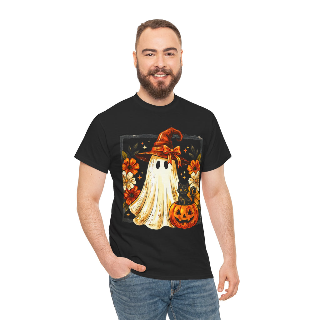 Cute Halloween Ghost T-Shirt — Ghost in Witch Hat with Pumpkin & Black Cat
