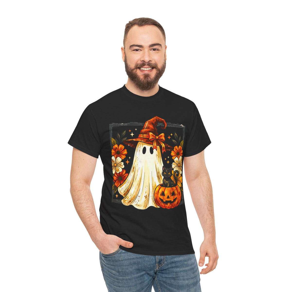 Cute Halloween Ghost T-Shirt — Ghost in Witch Hat with Pumpkin & Black Cat
