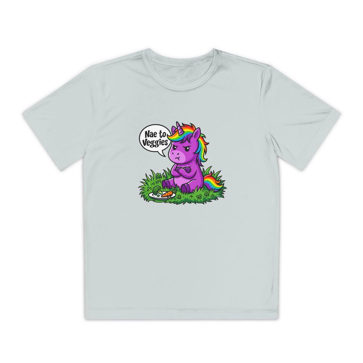 Youth T-Shirt — Purple Unicorn Saying "Nae to Veggies" Cute Kids Graphic Tee