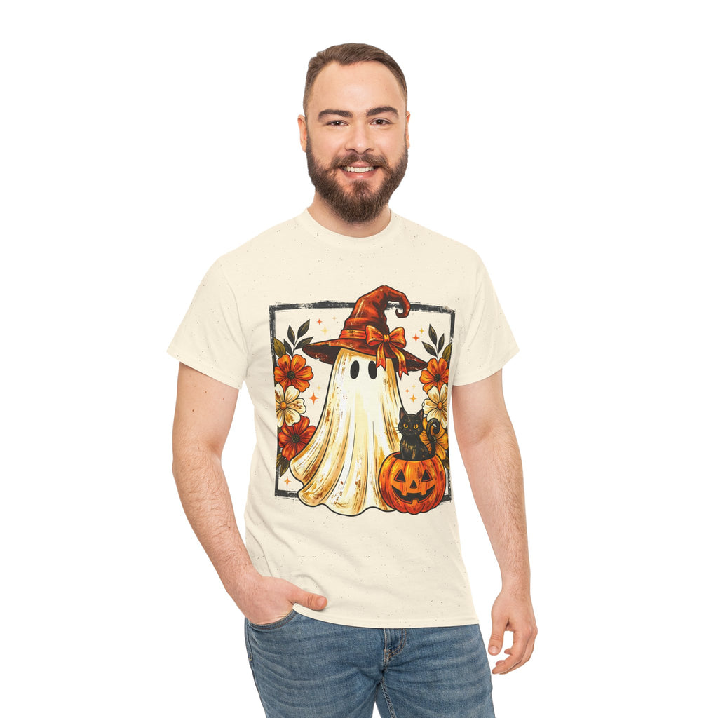Cute Halloween Ghost T-Shirt — Ghost in Witch Hat with Pumpkin & Black Cat