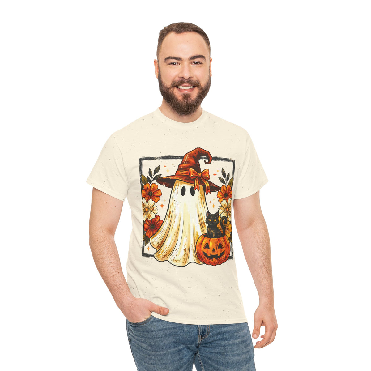Cute Halloween Ghost T-Shirt — Ghost in Witch Hat with Pumpkin & Black Cat