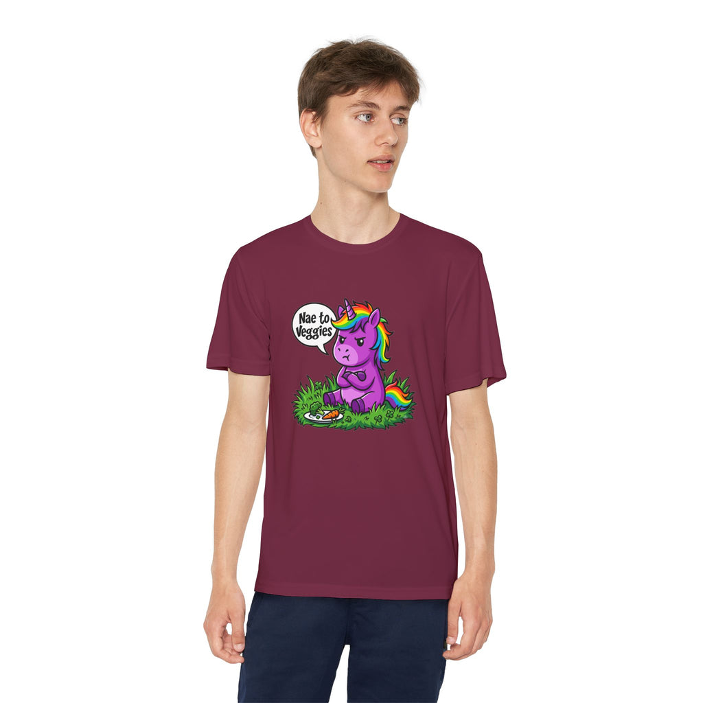 Youth T-Shirt — Purple Unicorn Saying "Nae to Veggies" Cute Kids Graphic Tee
