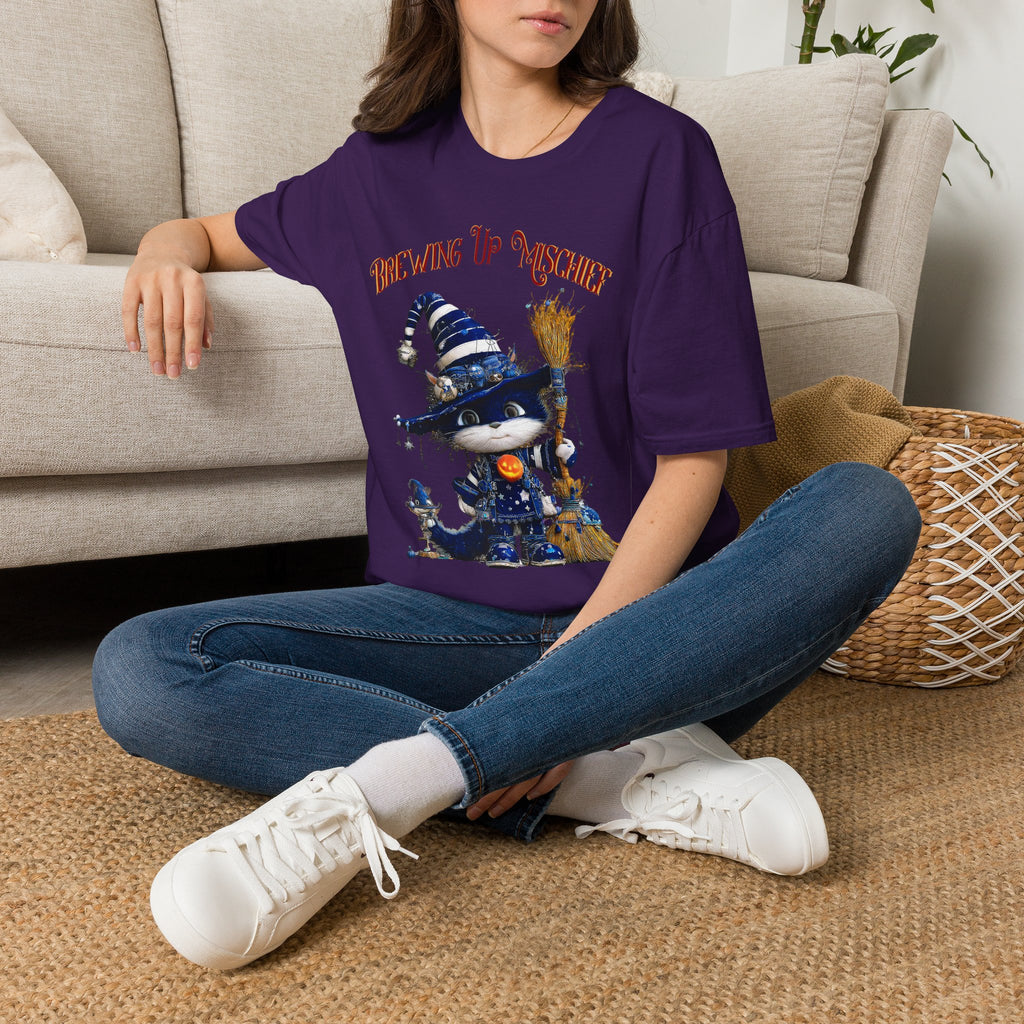 Brewing Up Mischief T-Shirt — Cute Witch Cat Halloween Tee