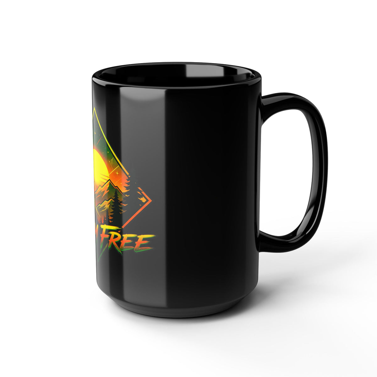 Roam Free Mountain Sunrise Black Mug — Adventure Camper Coffee Cup