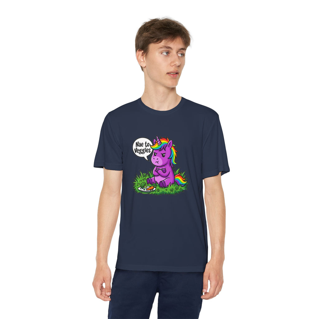 Youth T-Shirt — Purple Unicorn Saying "Nae to Veggies" Cute Kids Graphic Tee