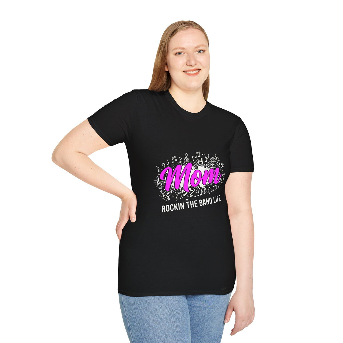 Mom Rock Band T-Shirt — 'Mom' Pink Script with Musical Notes (Rockin' the Band Life)