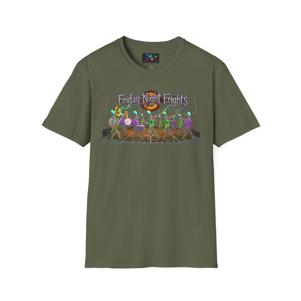 Friday Night Frights Halloween T-Shirt — Neon Skeleton Parade Tee