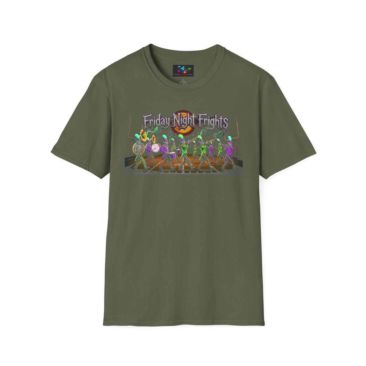 Friday Night Frights Halloween T-Shirt — Neon Skeleton Parade Tee