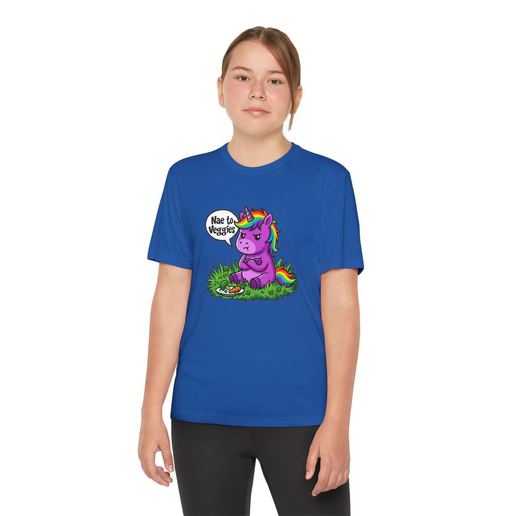Youth T-Shirt — Purple Unicorn Saying "Nae to Veggies" Cute Kids Graphic Tee