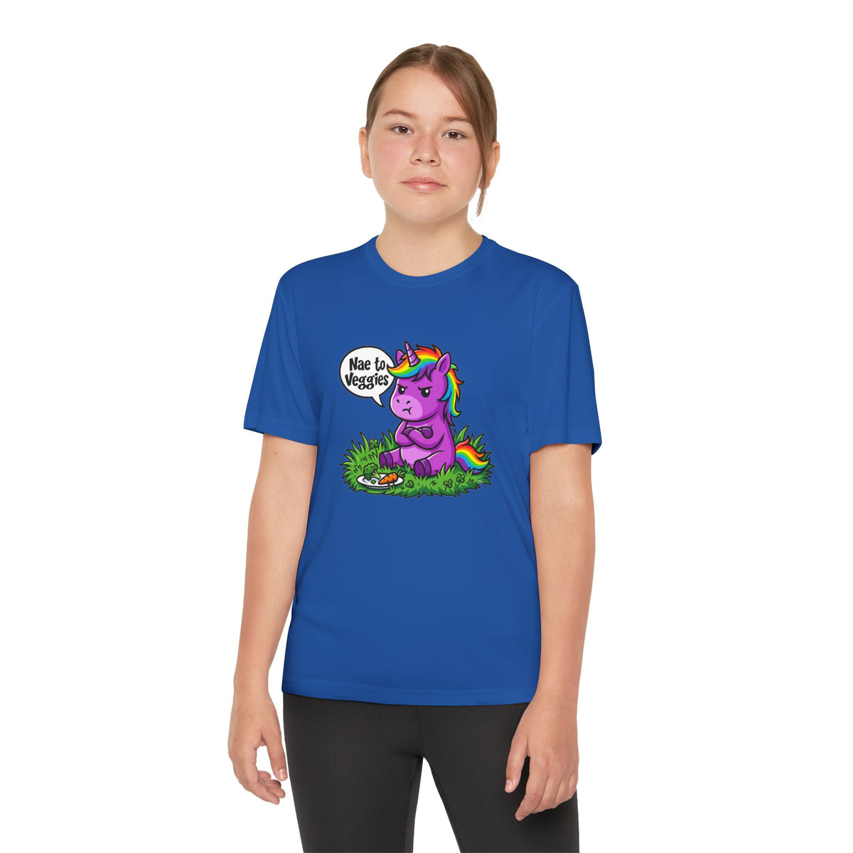 Youth T-Shirt — Purple Unicorn Saying "Nae to Veggies" Cute Kids Graphic Tee