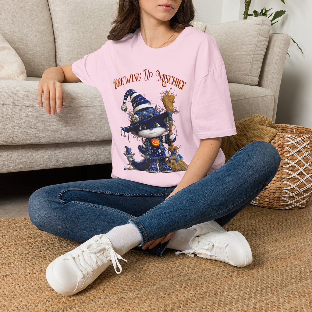 Brewing Up Mischief T-Shirt — Cute Witch Cat Halloween Tee