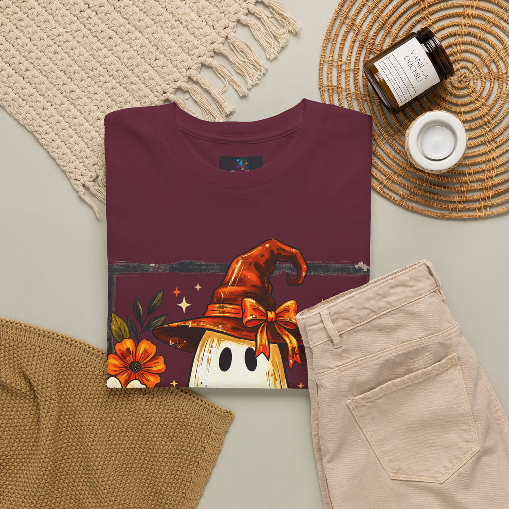 Cute Halloween Ghost T-Shirt — Ghost in Witch Hat with Pumpkin & Black Cat