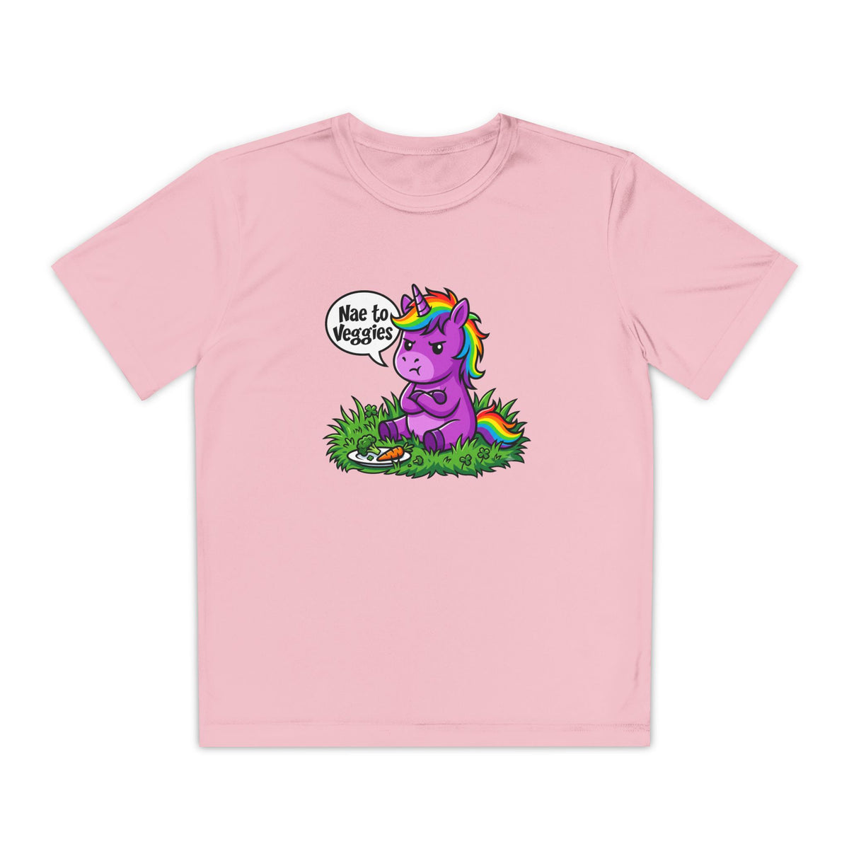 Youth T-Shirt — Purple Unicorn Saying "Nae to Veggies" Cute Kids Graphic Tee