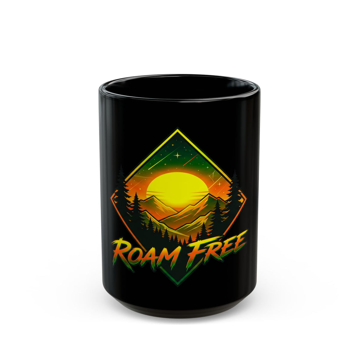 Roam Free Mountain Sunrise Black Mug — Adventure Camper Coffee Cup
