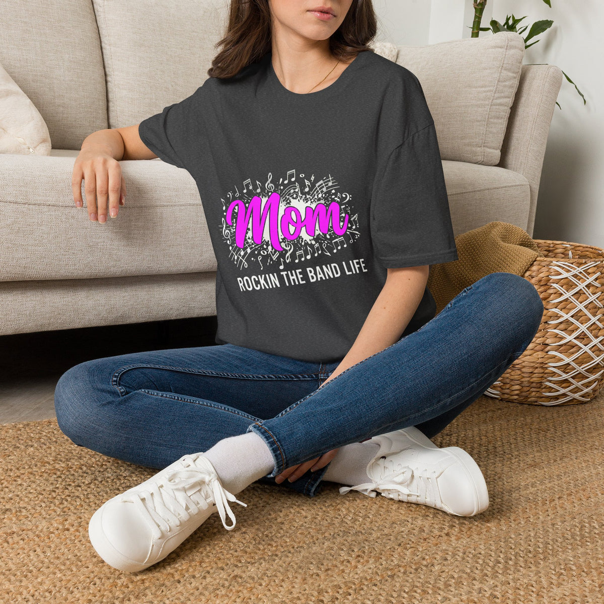Mom Rock Band T-Shirt — 'Mom' Pink Script with Musical Notes (Rockin' the Band Life)