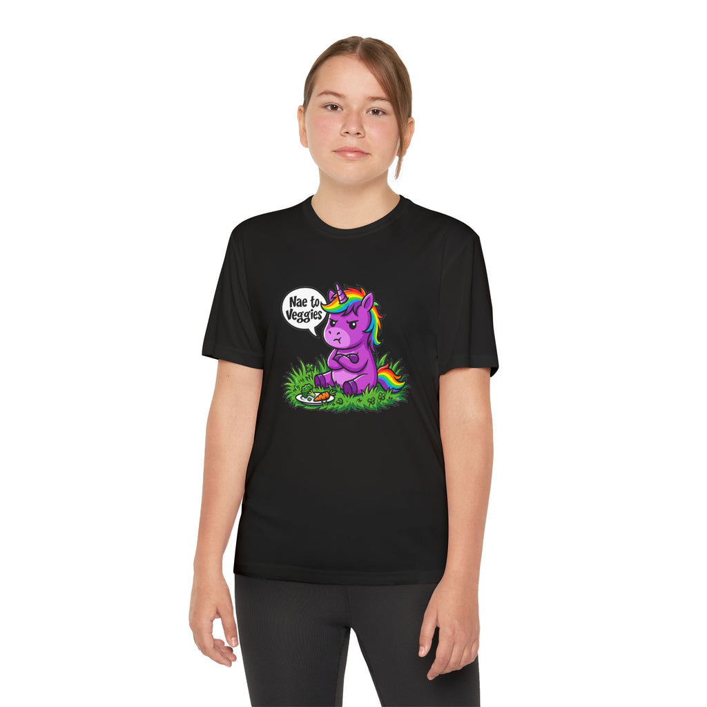Youth T-Shirt — Purple Unicorn Saying "Nae to Veggies" Cute Kids Graphic Tee