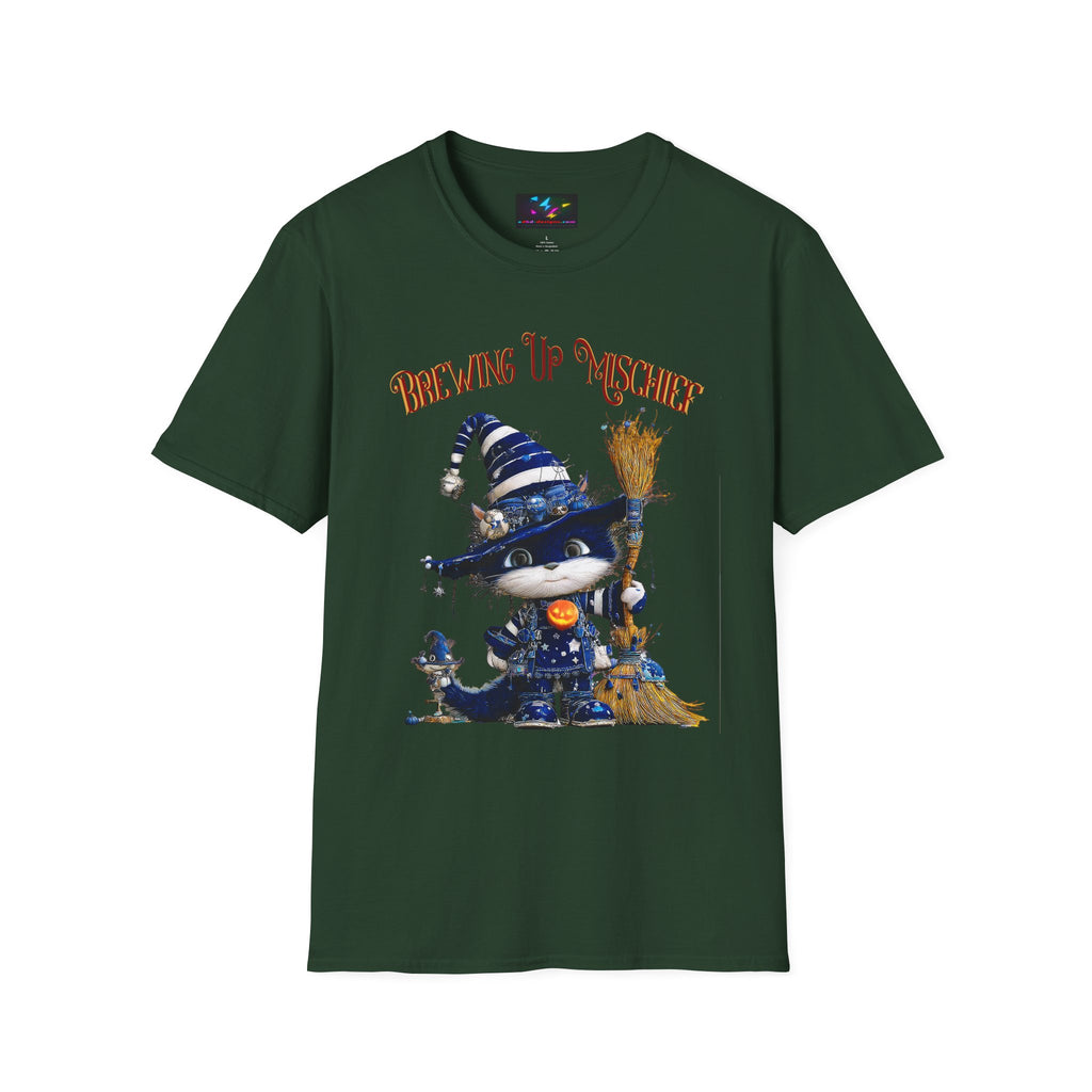 Brewing Up Mischief T-Shirt — Cute Witch Cat Halloween Tee