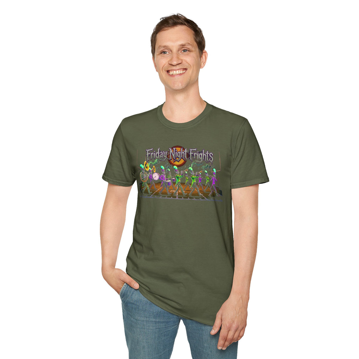 Friday Night Frights Halloween T-Shirt — Neon Skeleton Parade Tee