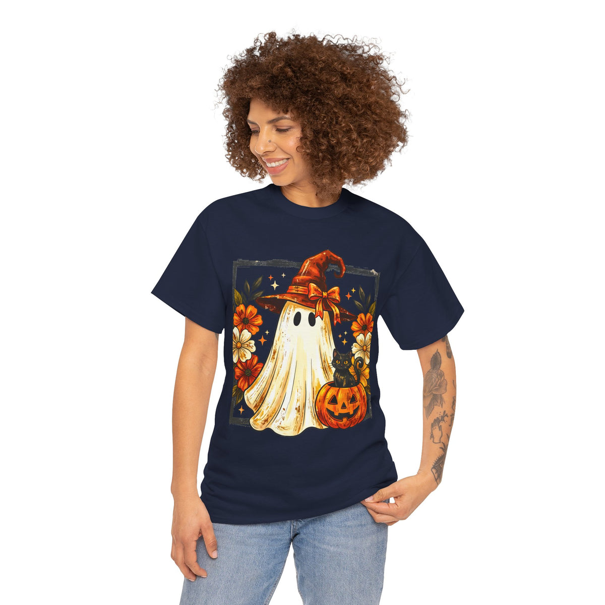 Cute Halloween Ghost T-Shirt — Ghost in Witch Hat with Pumpkin & Black Cat