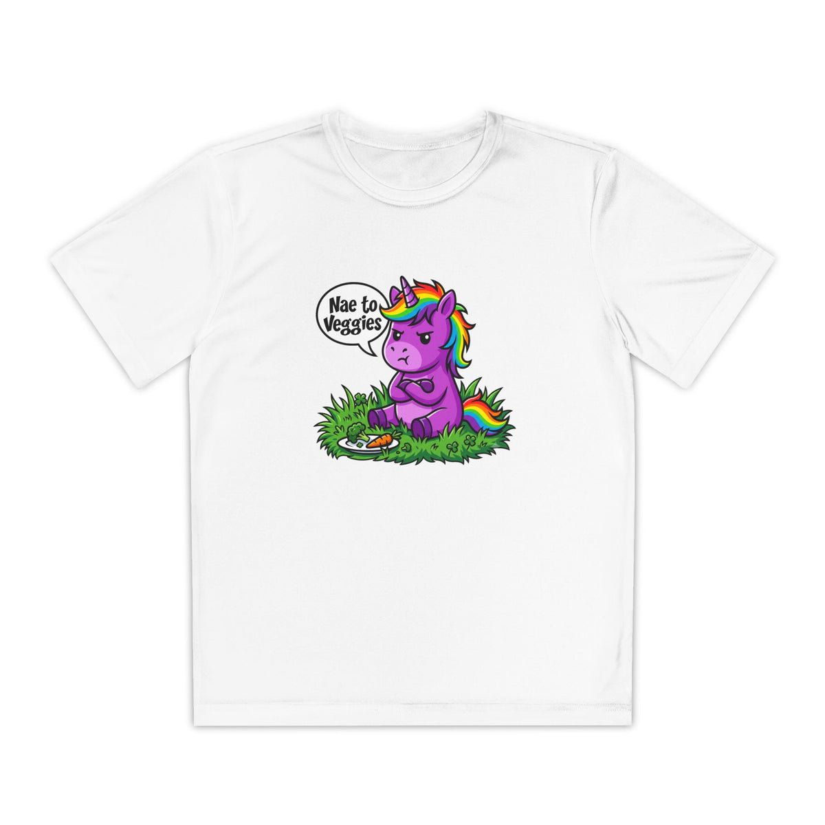 Youth T-Shirt — Purple Unicorn Saying "Nae to Veggies" Cute Kids Graphic Tee