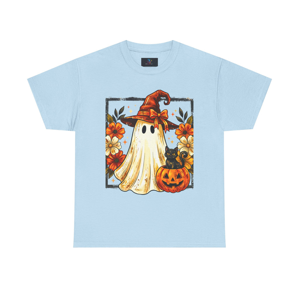 Cute Halloween Ghost T-Shirt — Ghost in Witch Hat with Pumpkin & Black Cat