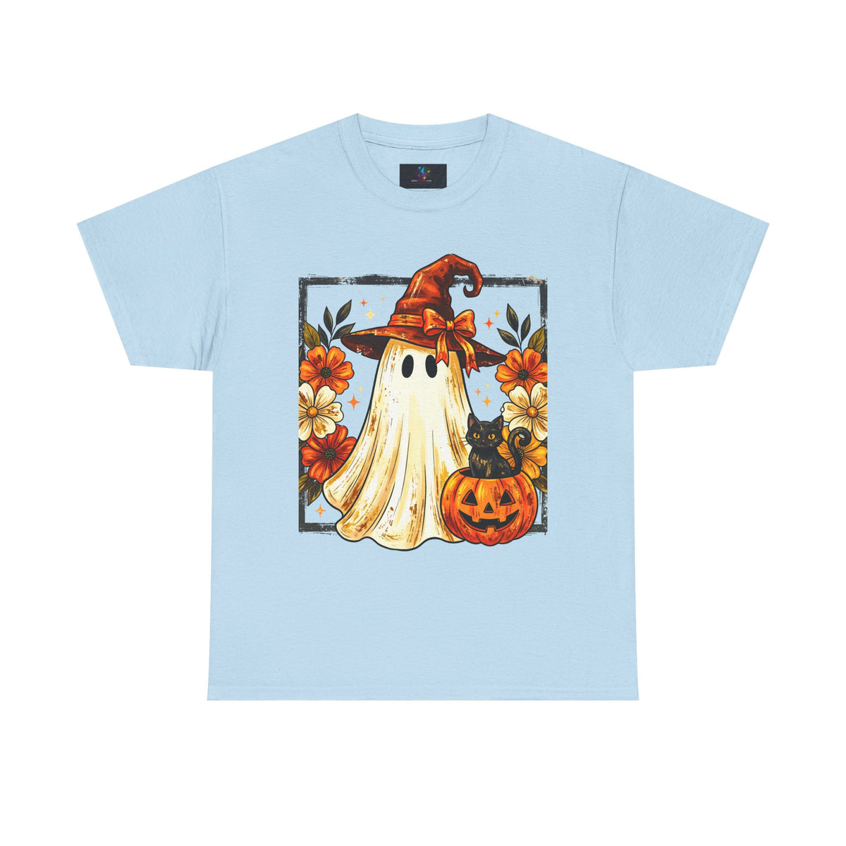 Cute Halloween Ghost T-Shirt — Ghost in Witch Hat with Pumpkin & Black Cat