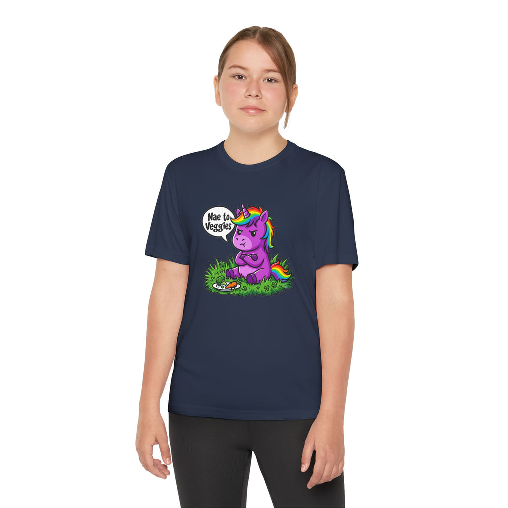 Youth T-Shirt — Purple Unicorn Saying "Nae to Veggies" Cute Kids Graphic Tee