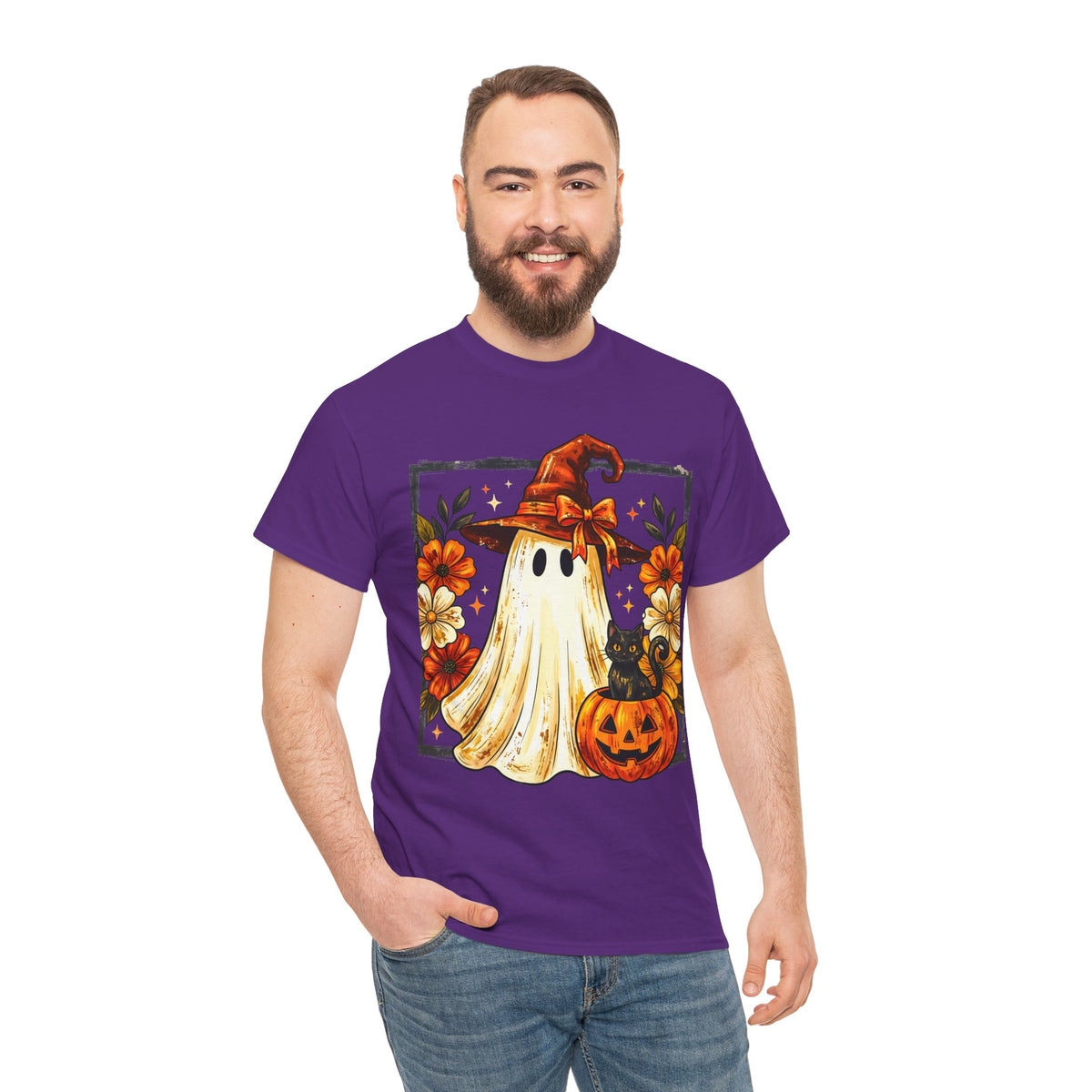 Cute Halloween Ghost T-Shirt — Ghost in Witch Hat with Pumpkin & Black Cat