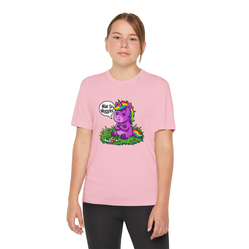 Youth T-Shirt — Purple Unicorn Saying "Nae to Veggies" Cute Kids Graphic Tee