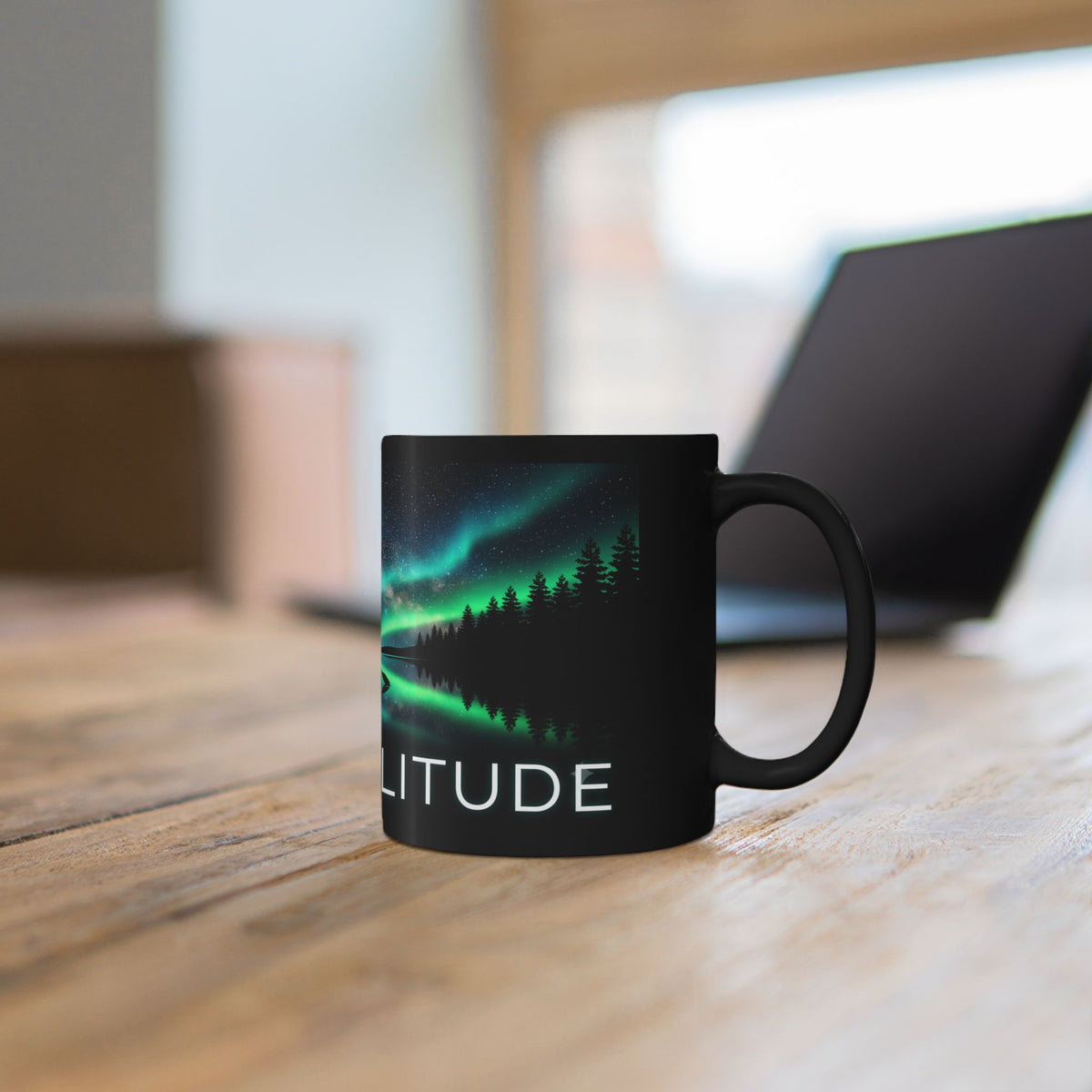 Aurora Kayak Mug — Seek Solitude Black Coffee Cup (11oz & 15oz)
