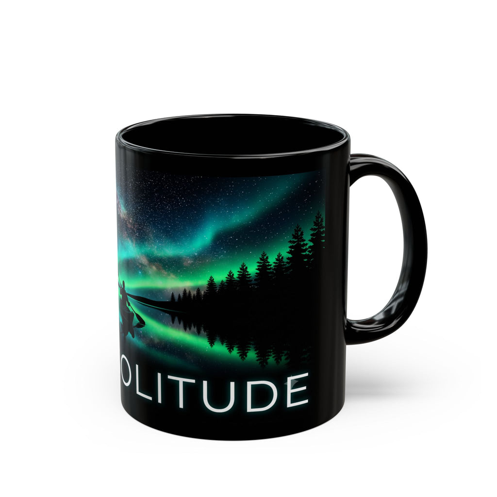 Aurora Kayak Mug — Seek Solitude Black Coffee Cup (11oz & 15oz)