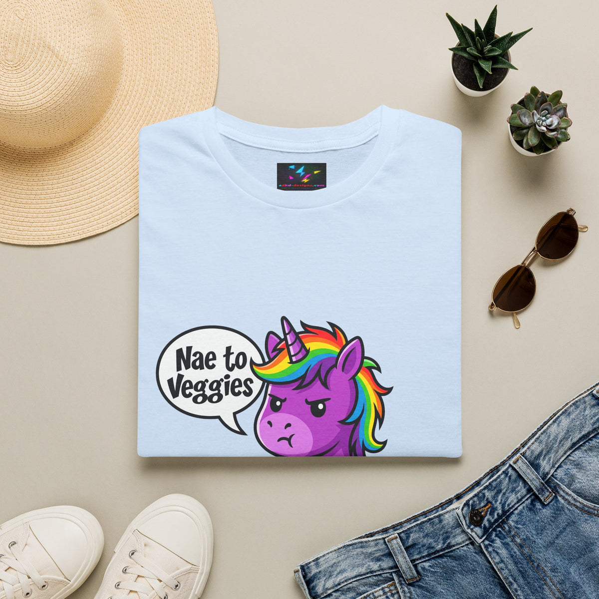 Unicorn T-Shirt — "Nae to Veggies" Funny Rainbow Unicorn Tee