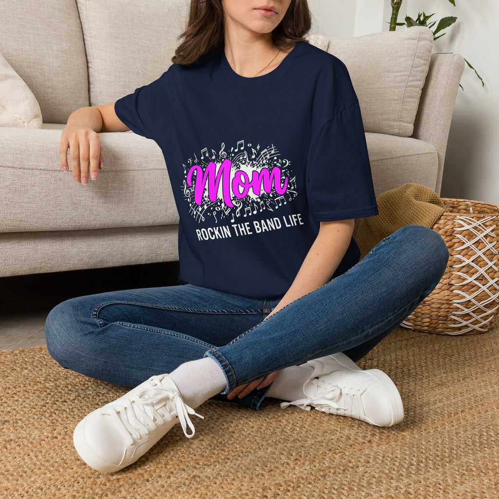 Mom Rock Band T-Shirt — 'Mom' Pink Script with Musical Notes (Rockin' the Band Life)