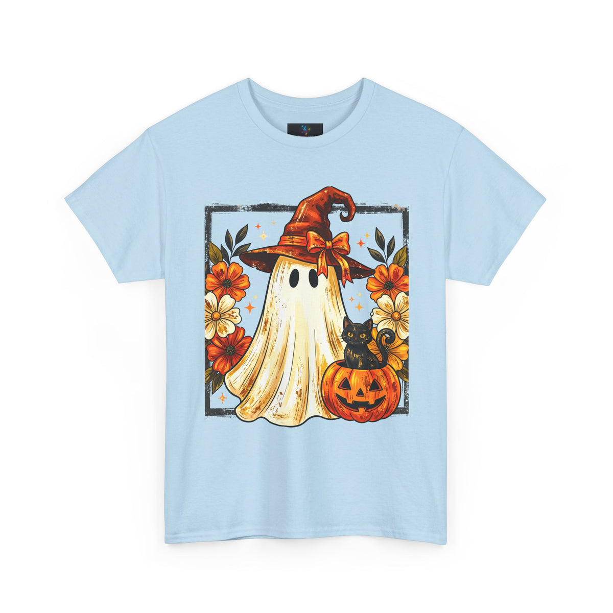 Cute Halloween Ghost T-Shirt — Ghost in Witch Hat with Pumpkin & Black Cat